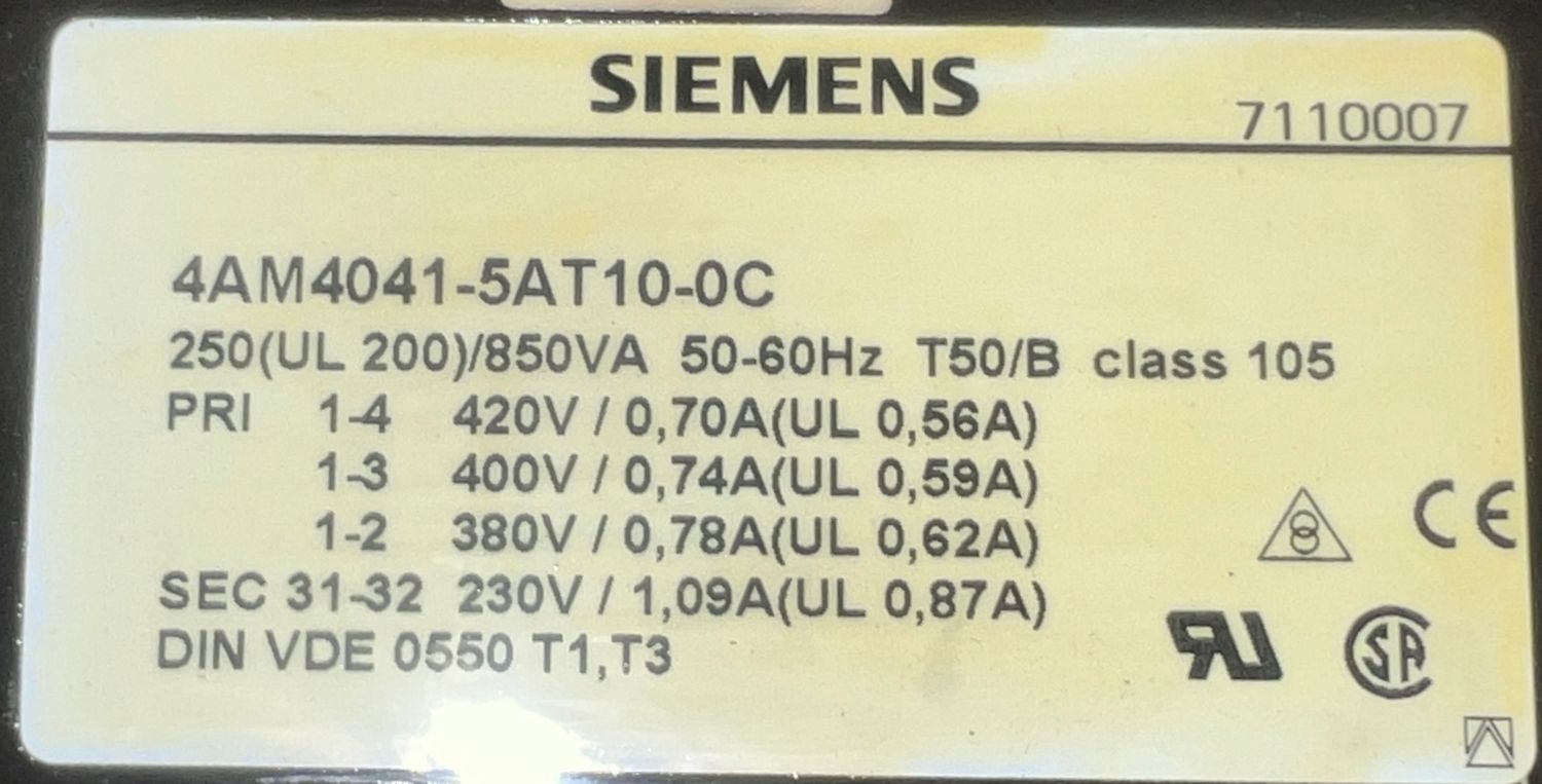 Siemens Steuertransformator 4AM40415AT100C 850VA 420V 400V 380V auf 230V