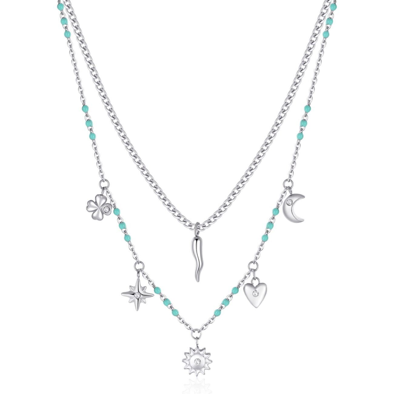 BROSWAY Collana Doppio Filo CHANT in Acciaio e con Smalto Turchese con Pendenti e Cristalli Crystal