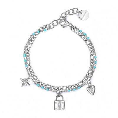 BROSWAY Bracciale Doppio Filo CHANT in Acciaio con Smalto Turchese e Pendenti