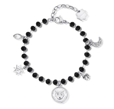 BROSWAY Bracciale PORTAFORTUNA CHAKRA in Acciaio con Pendenti e Sfere in Calcedonio Nero