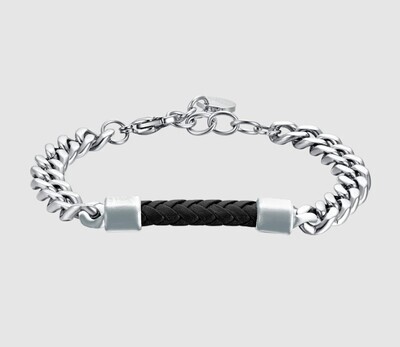 LUCA BARRA Bracciale in Acciaio con Elemento in Cuoio Nero