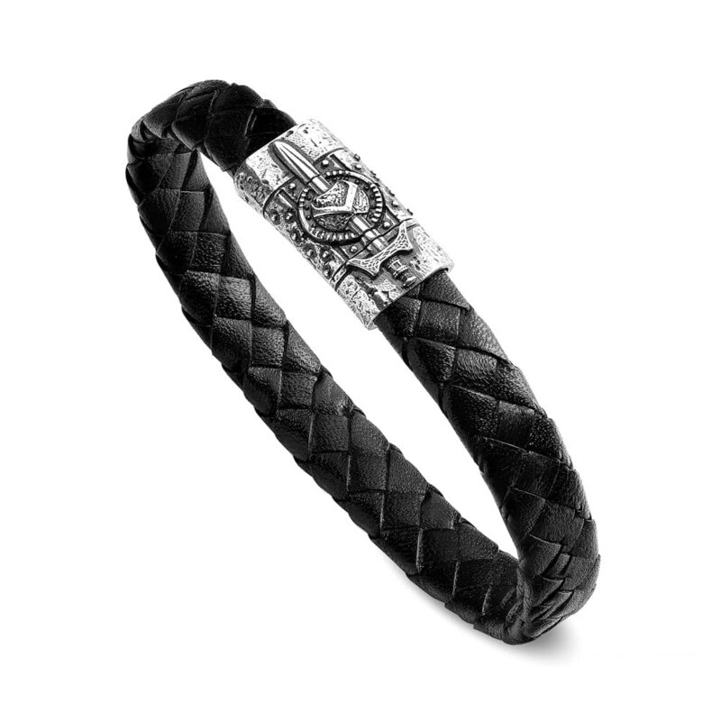 ELLIUS Bracciale Scudo e Spada in Pelle Nera con Argento 925