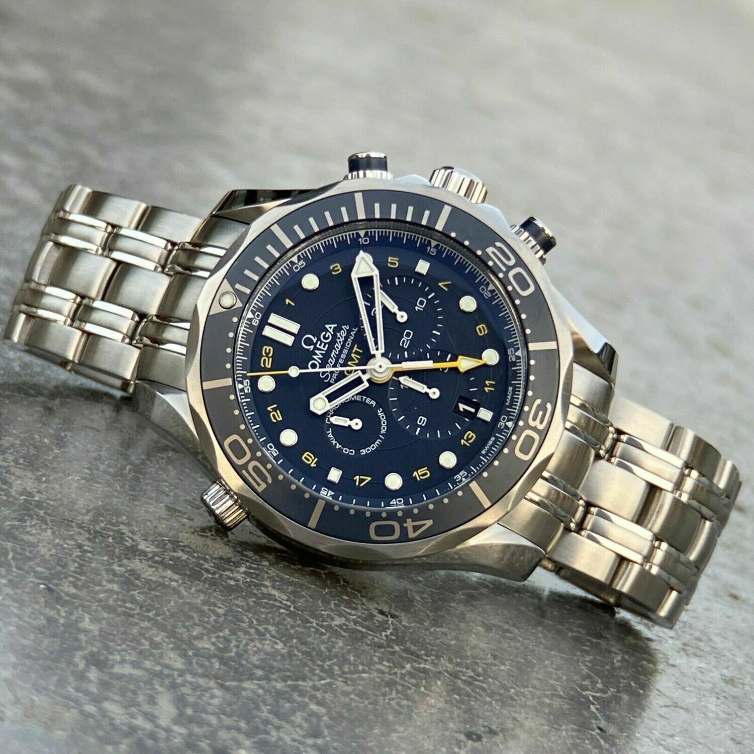 Omega Seamaster SMP Chronograph GMT Men's Watch Blue Dial Steel Bracelet 44 300m