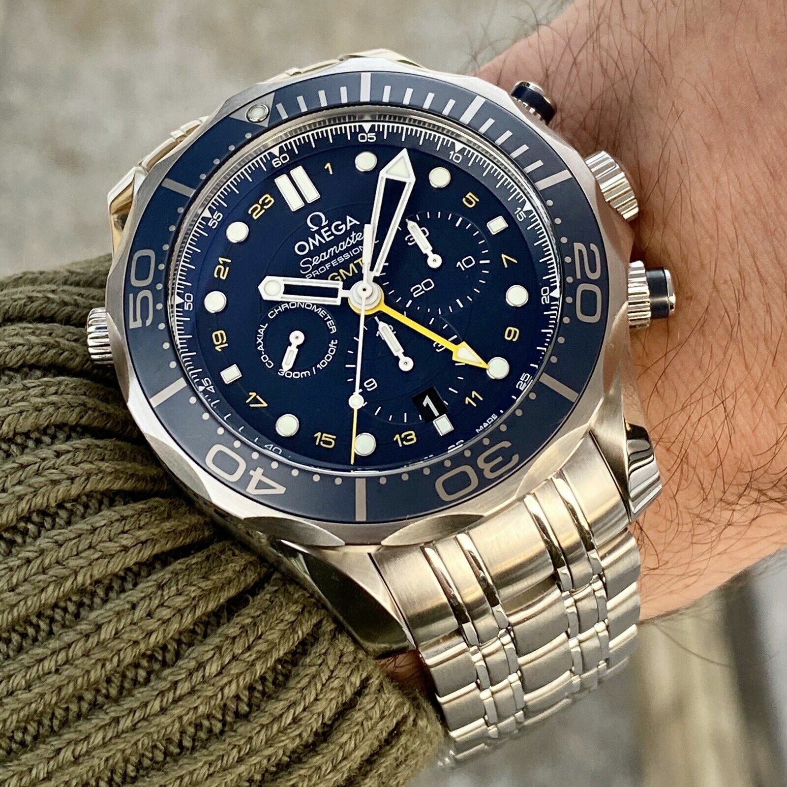 Omega Seamaster SMP Chronograph GMT Men's Watch Blue Dial Steel Bracelet 44 300m