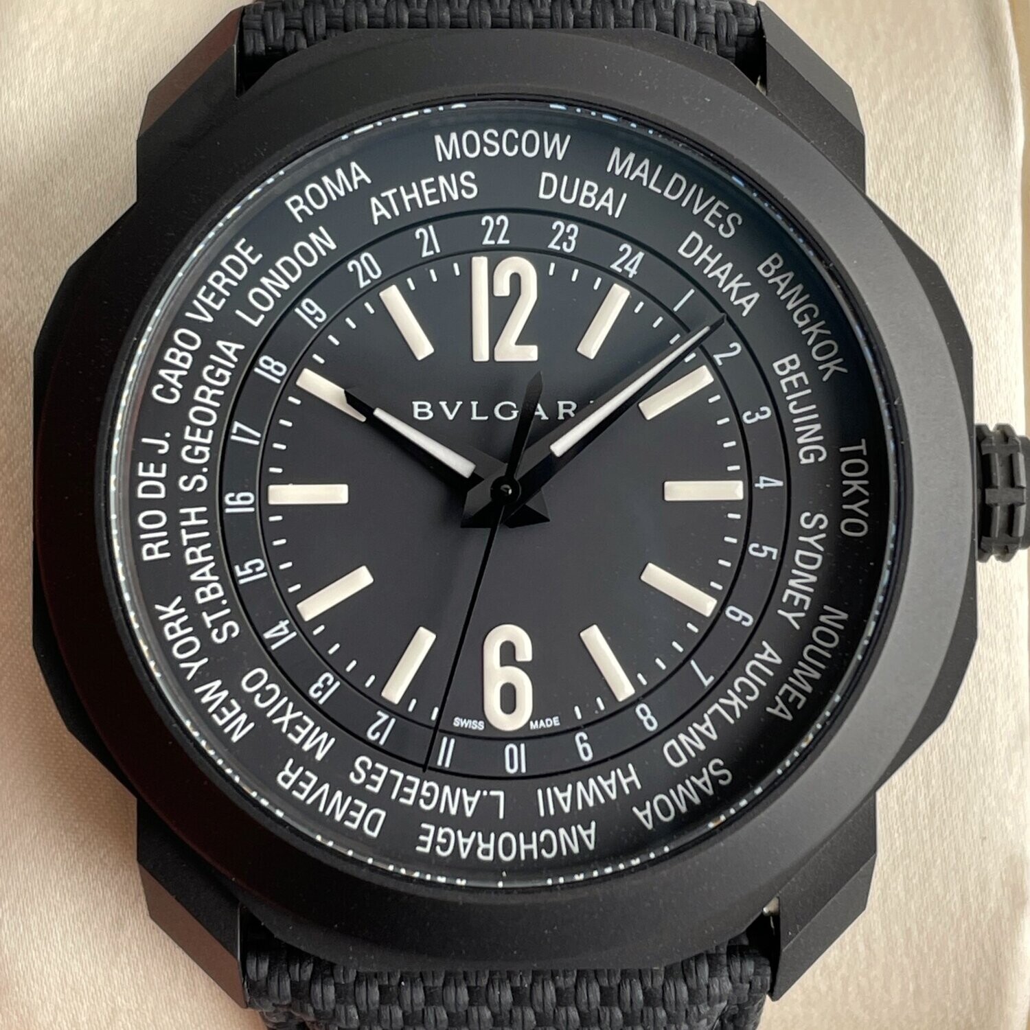 BVLGARI Octo Roma World Timer Matte Black PVD Rubber Strap Men's