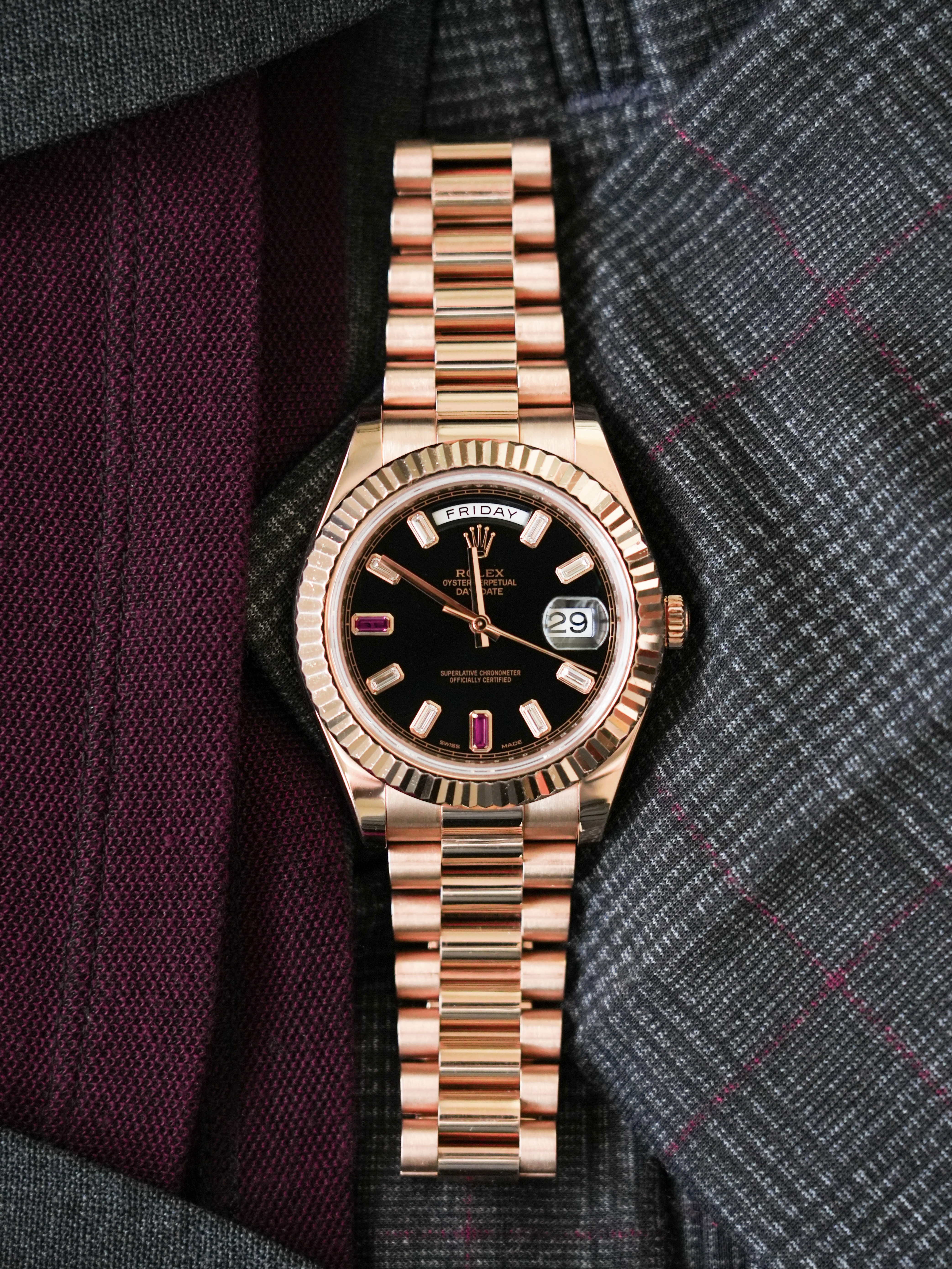 Rolex Day-Date 41mm Rose Gold Factory Ruby Baguette Black Dial Men's Watch