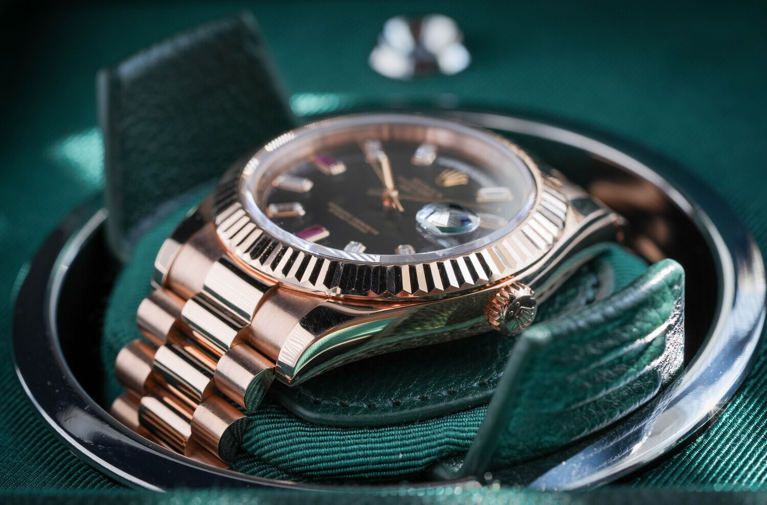 Rolex Day-Date 41mm Rose Gold Factory Ruby Baguette Black Dial