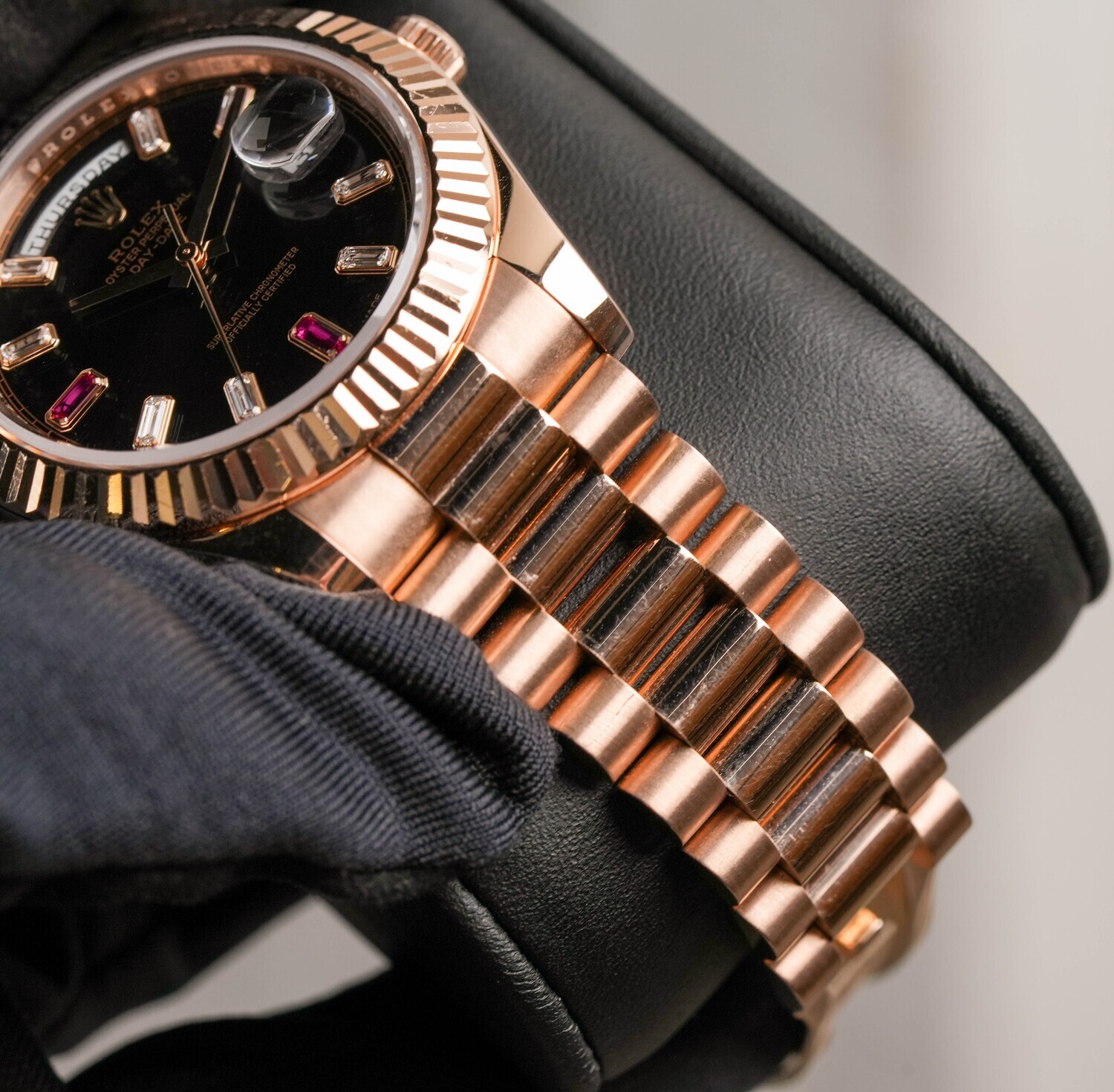 Rolex Day-Date 41mm Rose Gold Factory Ruby Baguette Black Dial