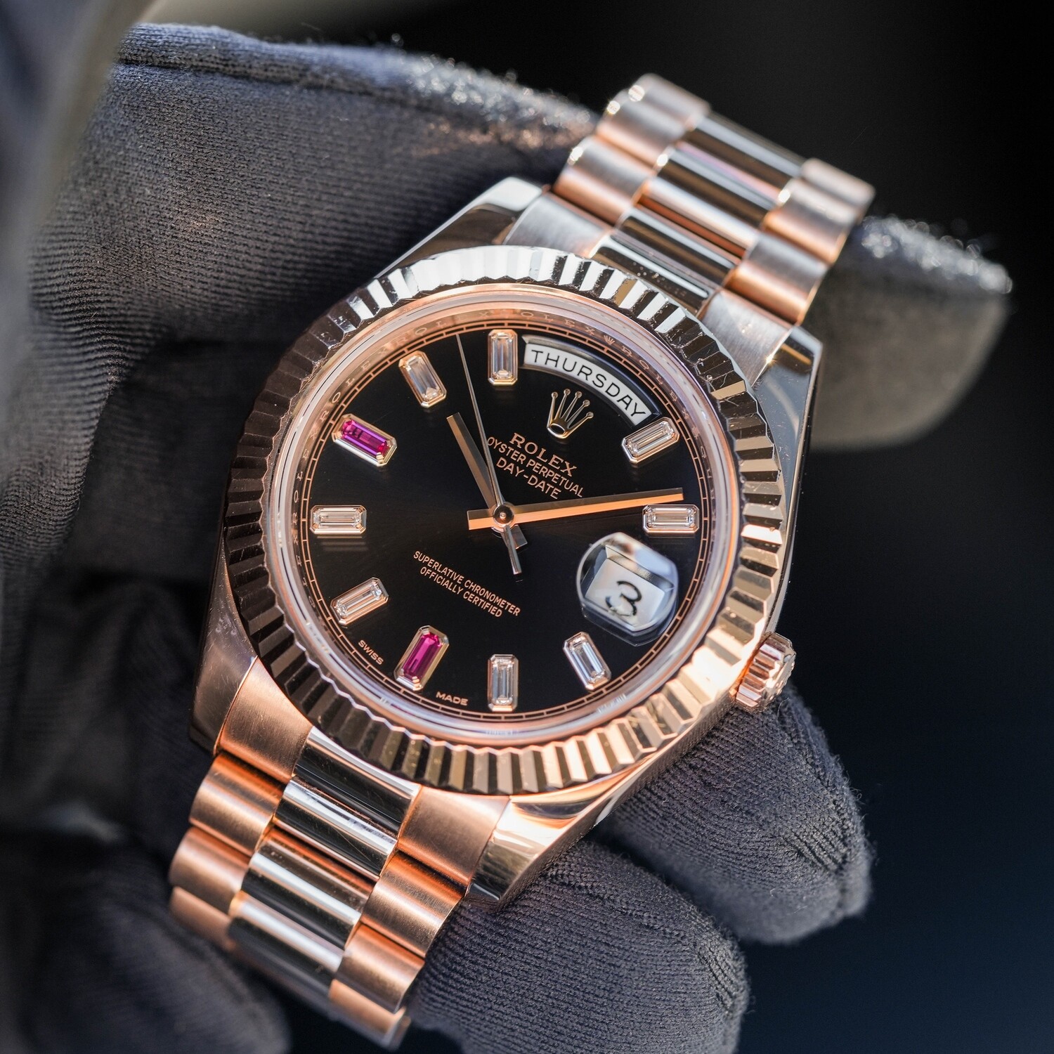Ruby Day Date 41mm Rolex Day Date 41 Rose Gold Black Ruby Dial
