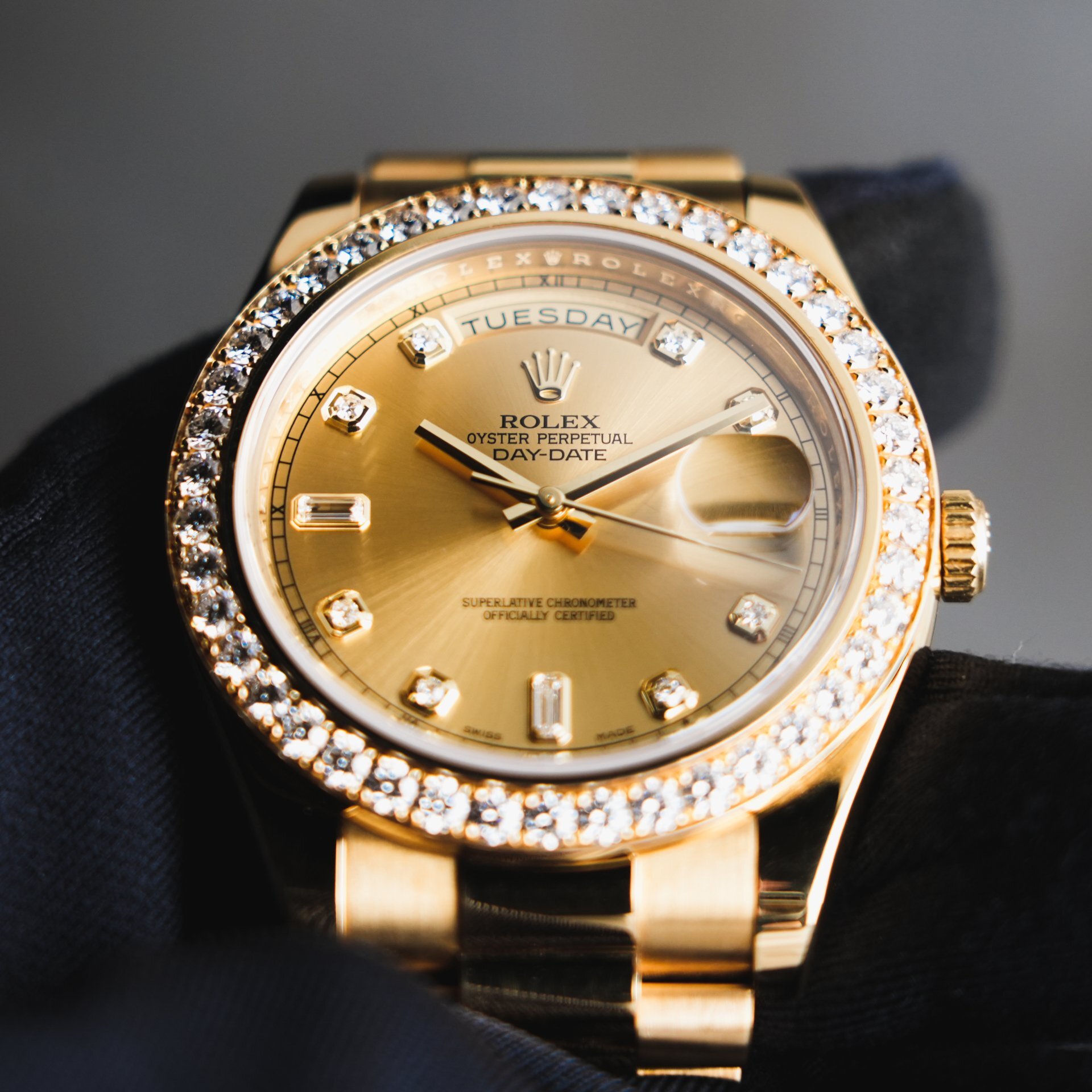 Rolex Oyster Perpetual Day-Date II 41mm Yellow Gold Factory Diamond Bezel Watch