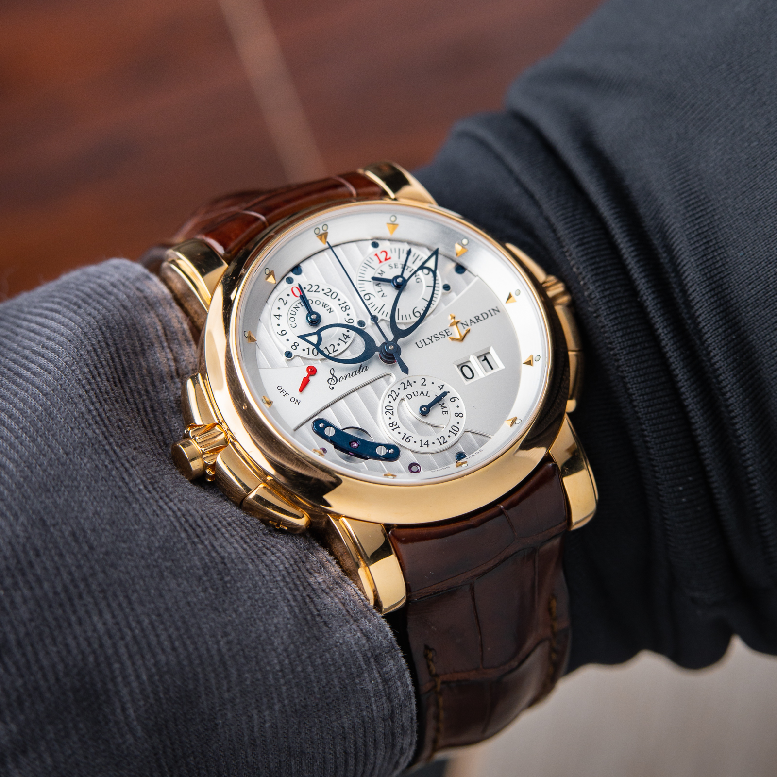 Ulysse Nardin Sonata Cathedral Dual Time Alarm Silver Dial Rose Gold