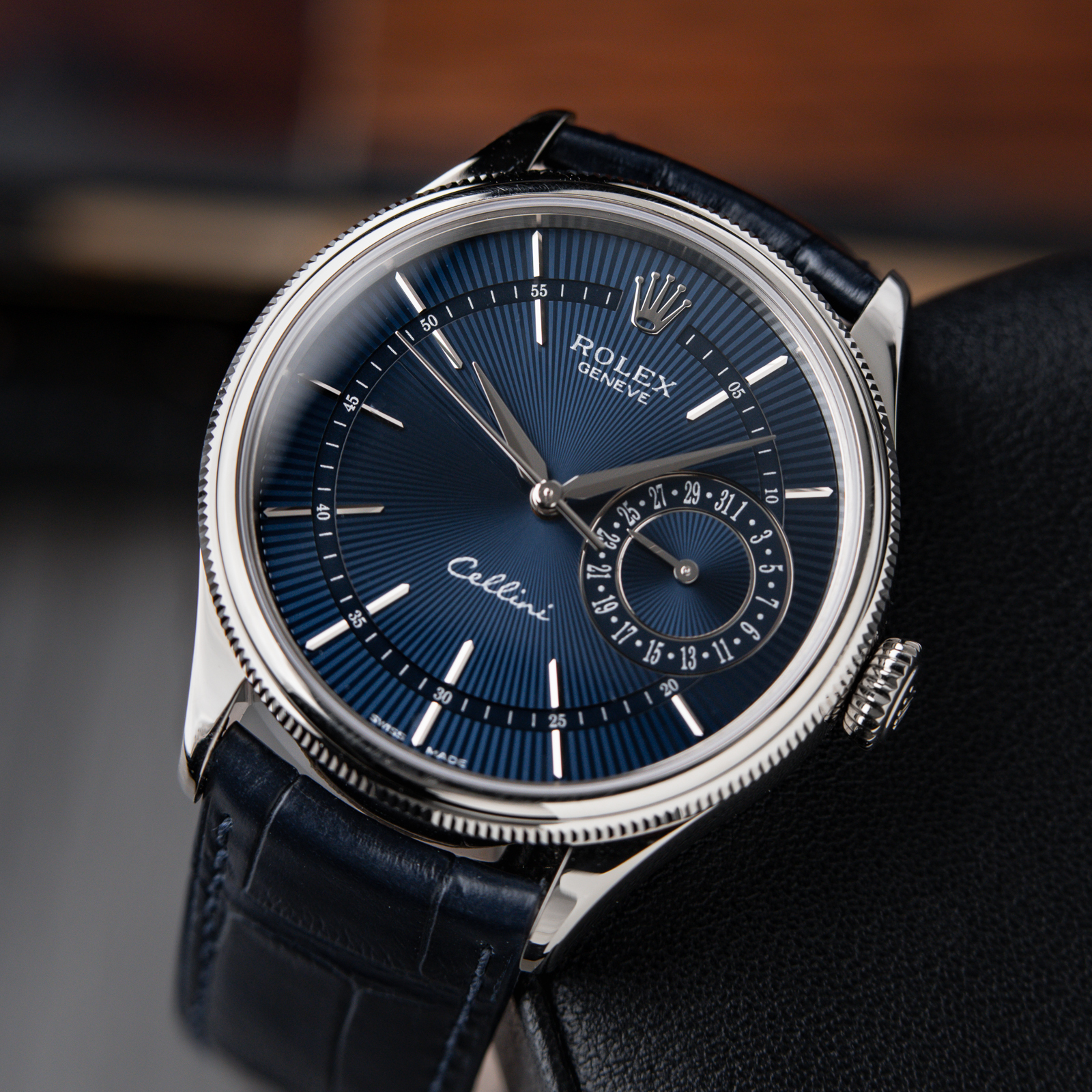 Rolex Cellini Date 18k White Gold Blue Guilloche Dial Leather