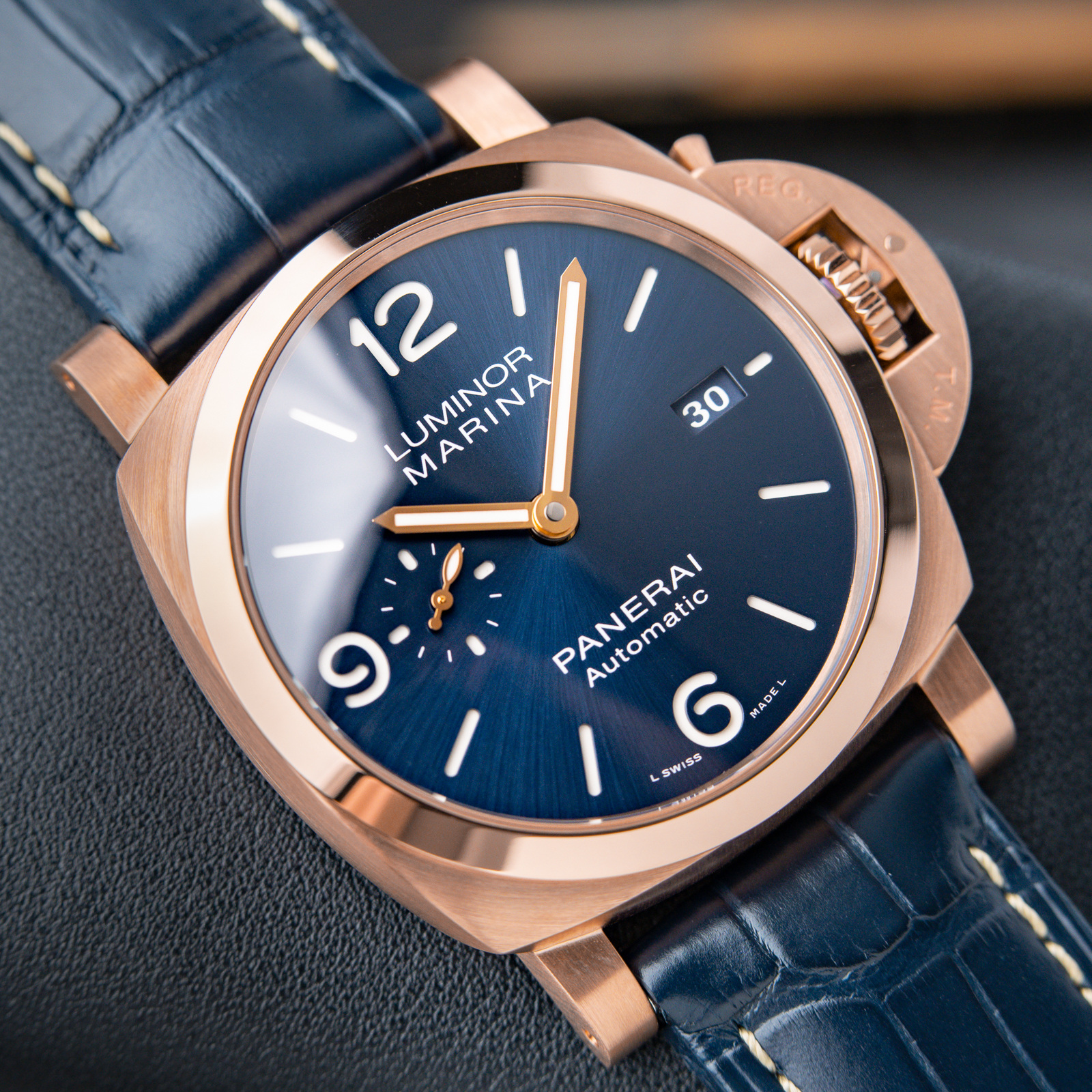 Panerai Luminor Marina Goldtech Sole Blu 3/2023 Papers Rose Gold Blue Pam1112