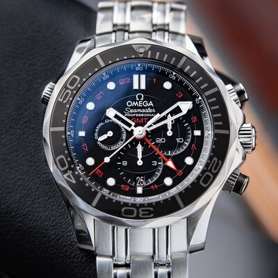 Omega Seamaster Diver 300 M GMT Chronograph Black Red Steel Bracelet