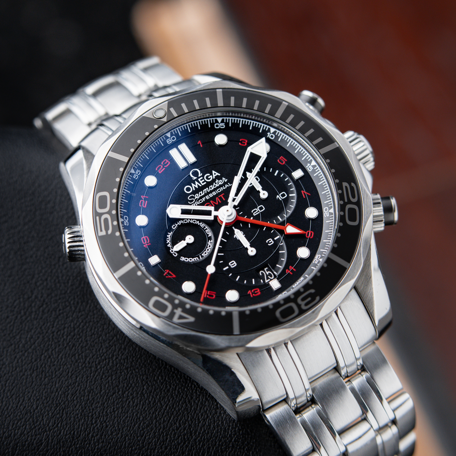 Omega Seamaster Diver 300 M GMT Chronograph Black Red Steel Bracelet