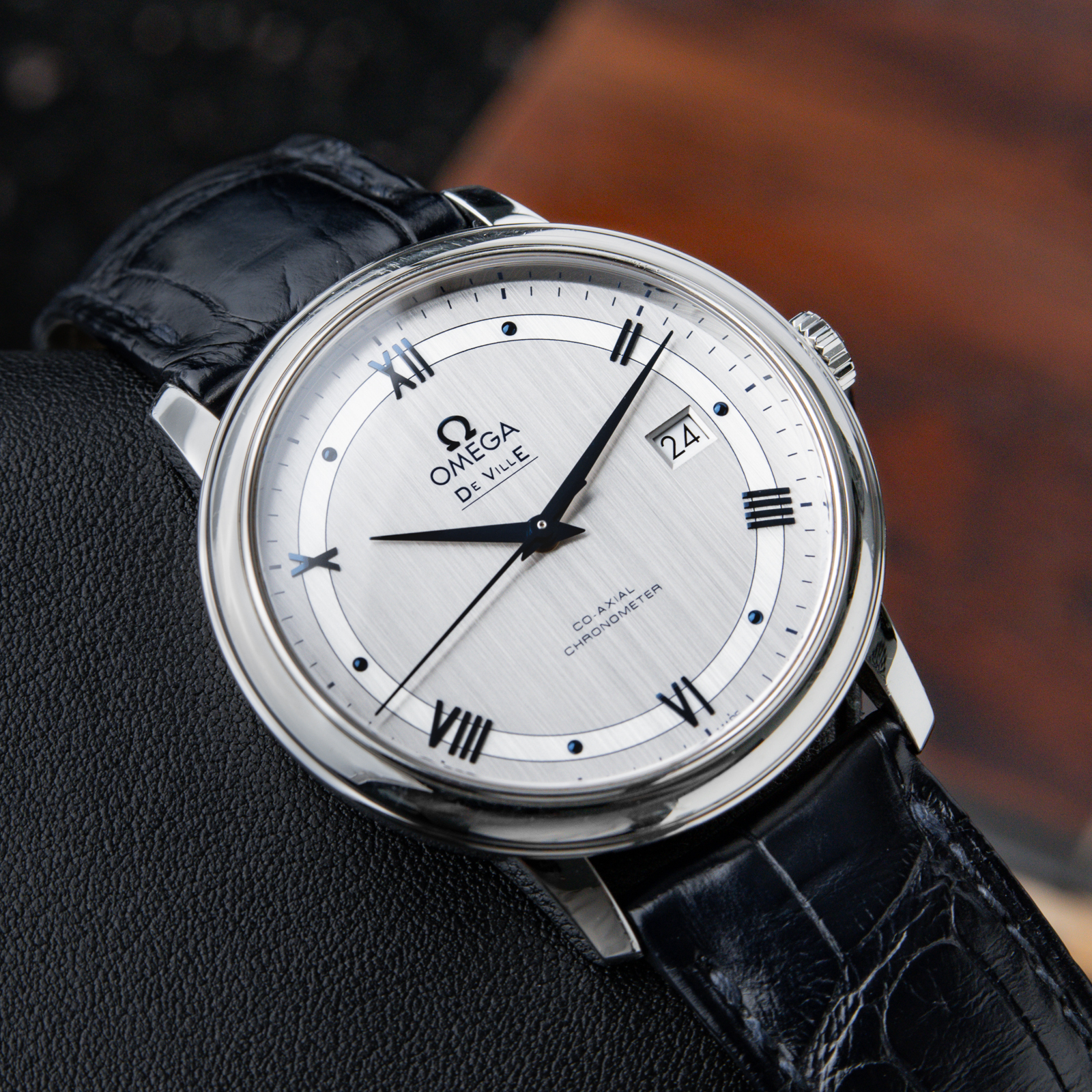 Omega De Ville Prestige Co-Axial Grey Blue Leather Steel Date