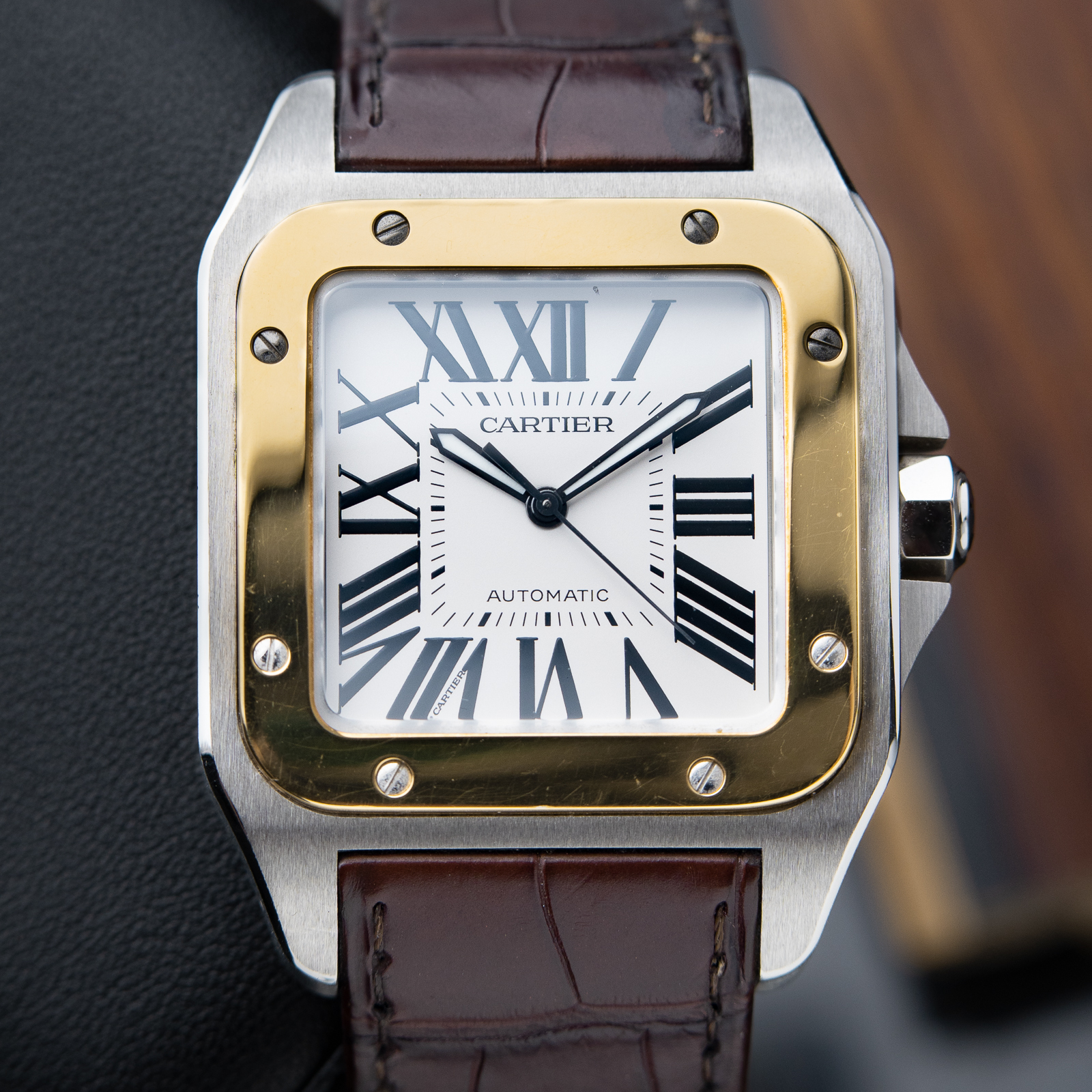 Cartier Santos 100 XL Two Tone Gold Steel White Leather Automatic 3774