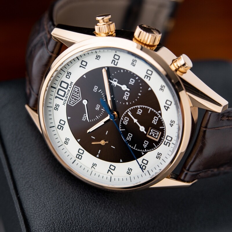 TAG Heuer Carrera Mikrograph RARE 1 100th Double Barrel Chronograph Rose Gold