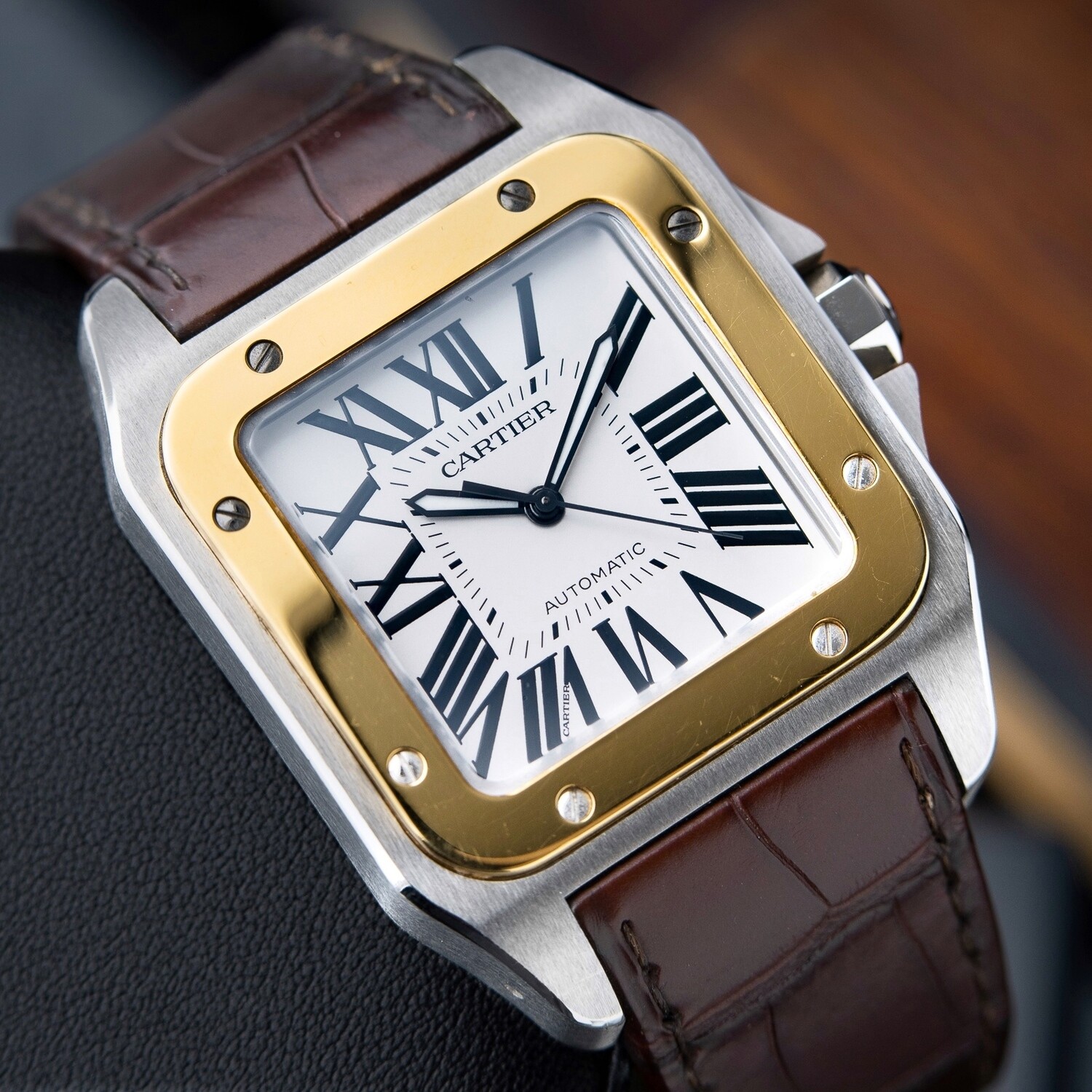 Cartier Santos 100 XL Two Tone Gold Steel White Leather Automatic 3774