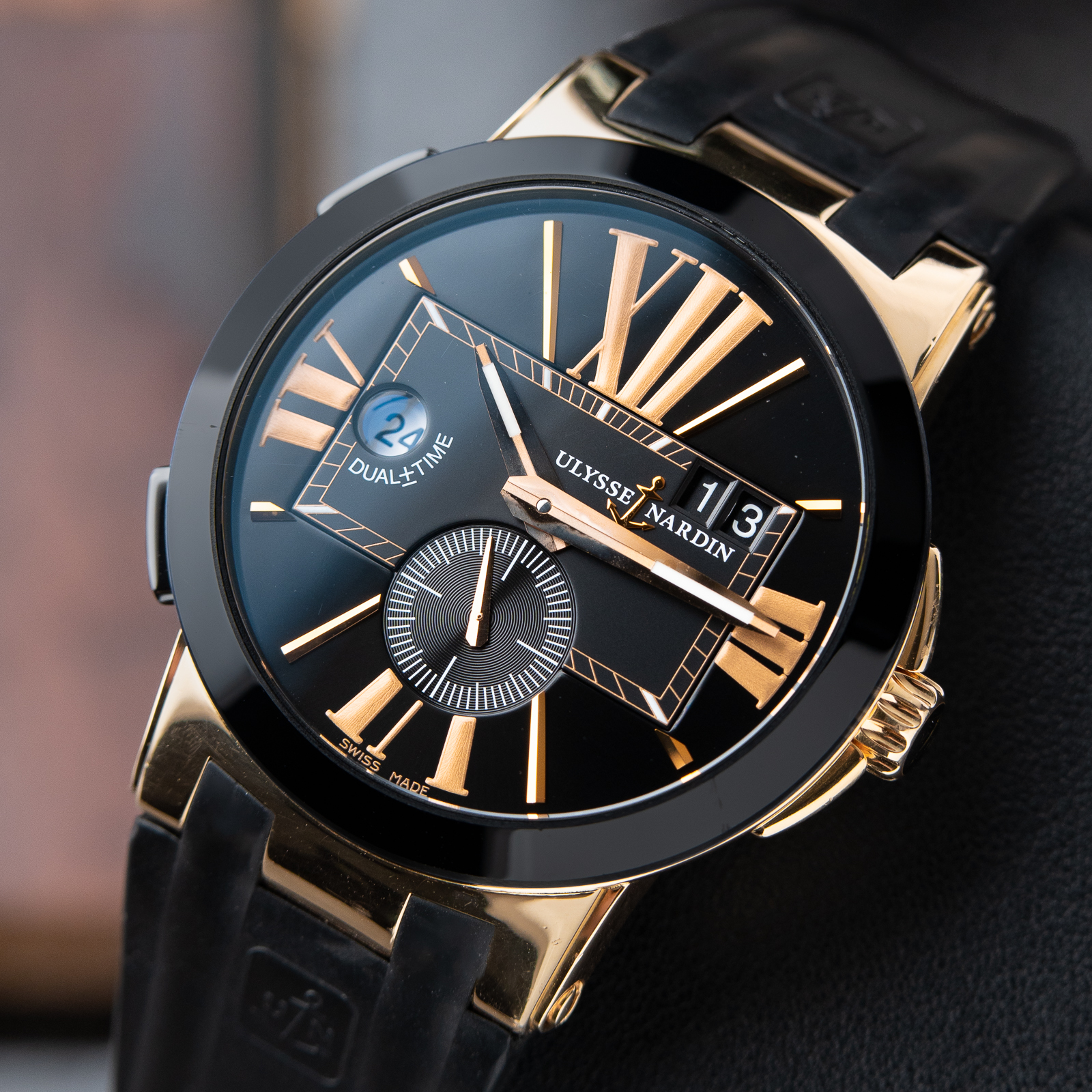 Ulysse Nardin Executive Dual Time Black Dial Rose Gold Black Rubber