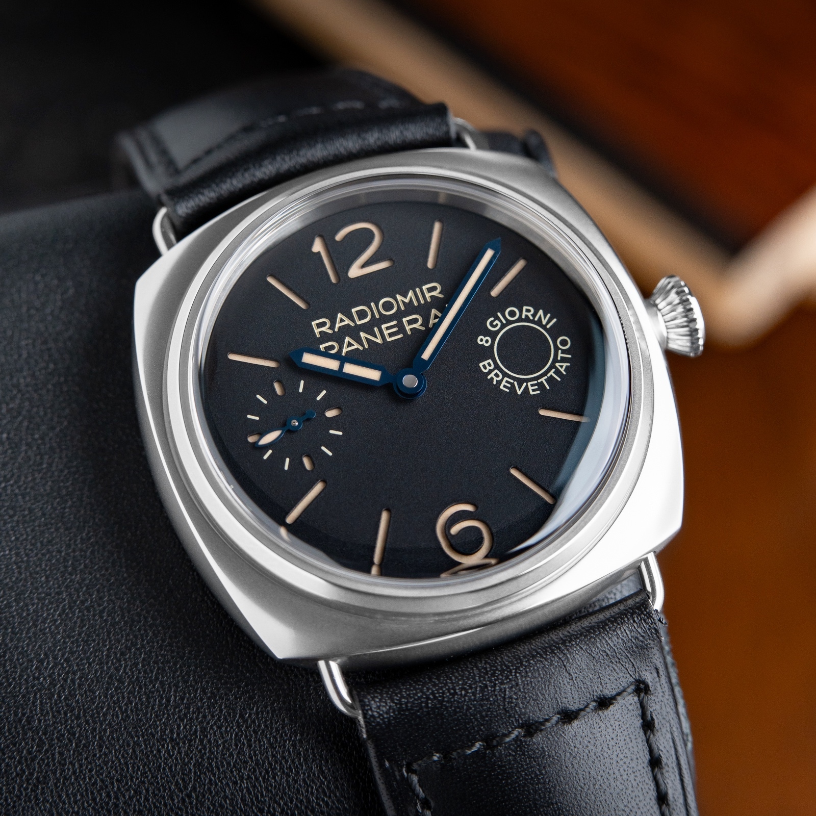 Panerai Radiomir 8 Days 45mm Black Dial Patina Steel Leather PAM992