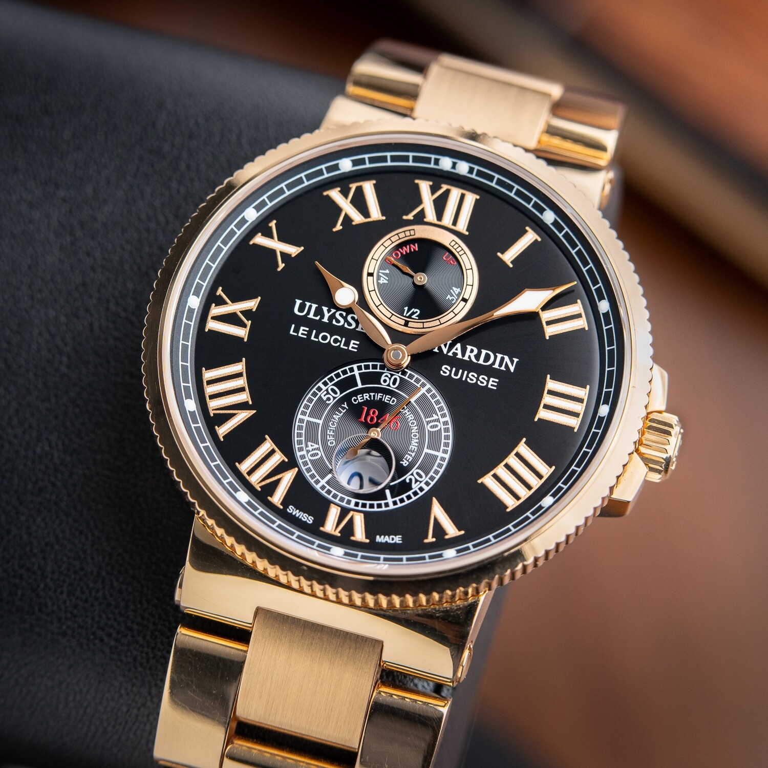 Ulysse Nardin Maxi Marine Chronometer 18k Rose Gold Bracelet Black Dial 43mm