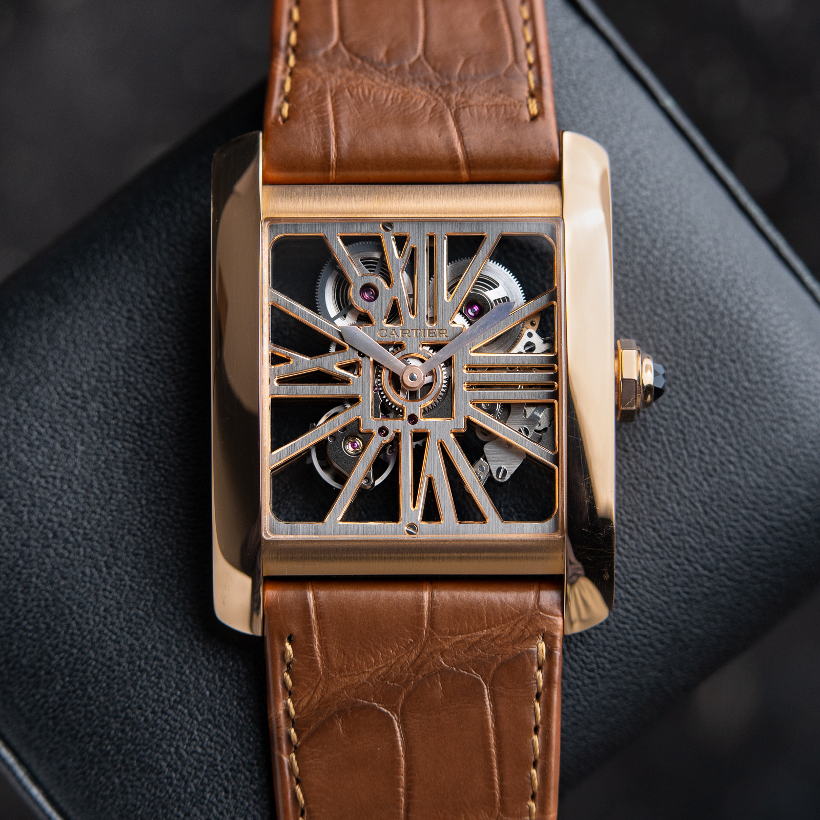 Cartier Tank MC Skeleton Dial Rose Gold Leather Strap W5310040 35x44
