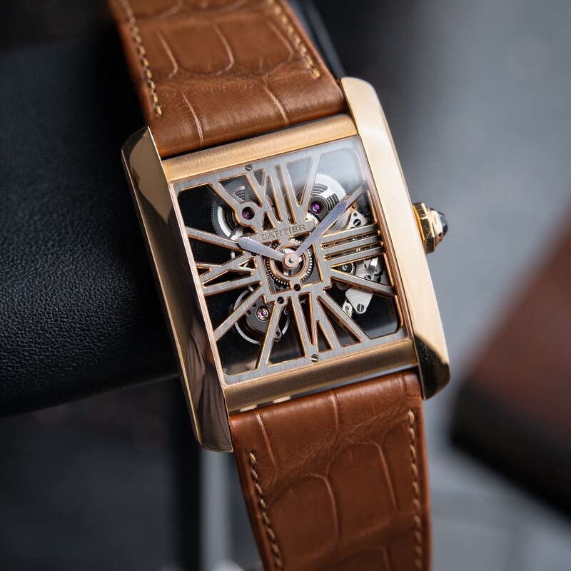 Cartier Tank MC Skeleton Dial Rose Gold Leather Strap W5310040 35x44