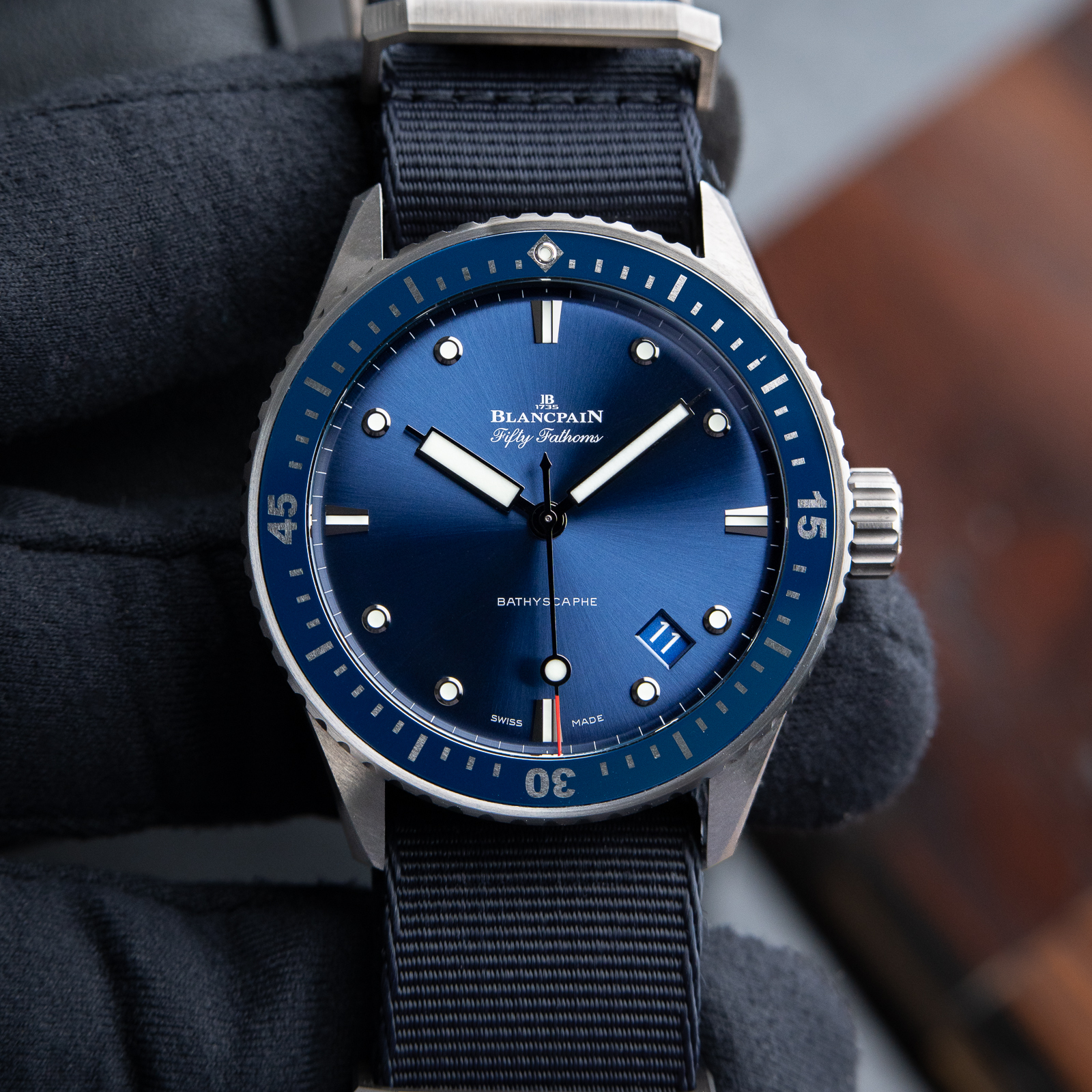Blancpain Fifty Fathoms Bathyscaphe 5000 Ceramic Diver 120 Hour Blue Dial