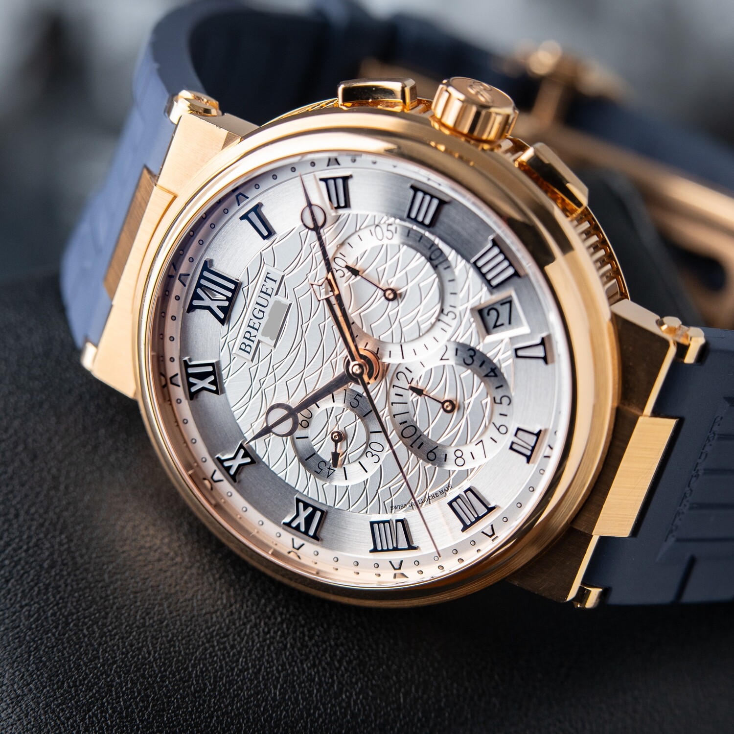 Breguet Marine Rose Gold Chronograph Date Silver Dial 42mm 5527BR