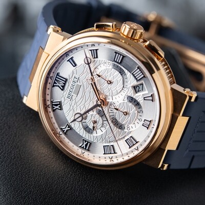 Breguet Marine Rose Gold Chronograph Date Silver Dial 42mm 5527BR