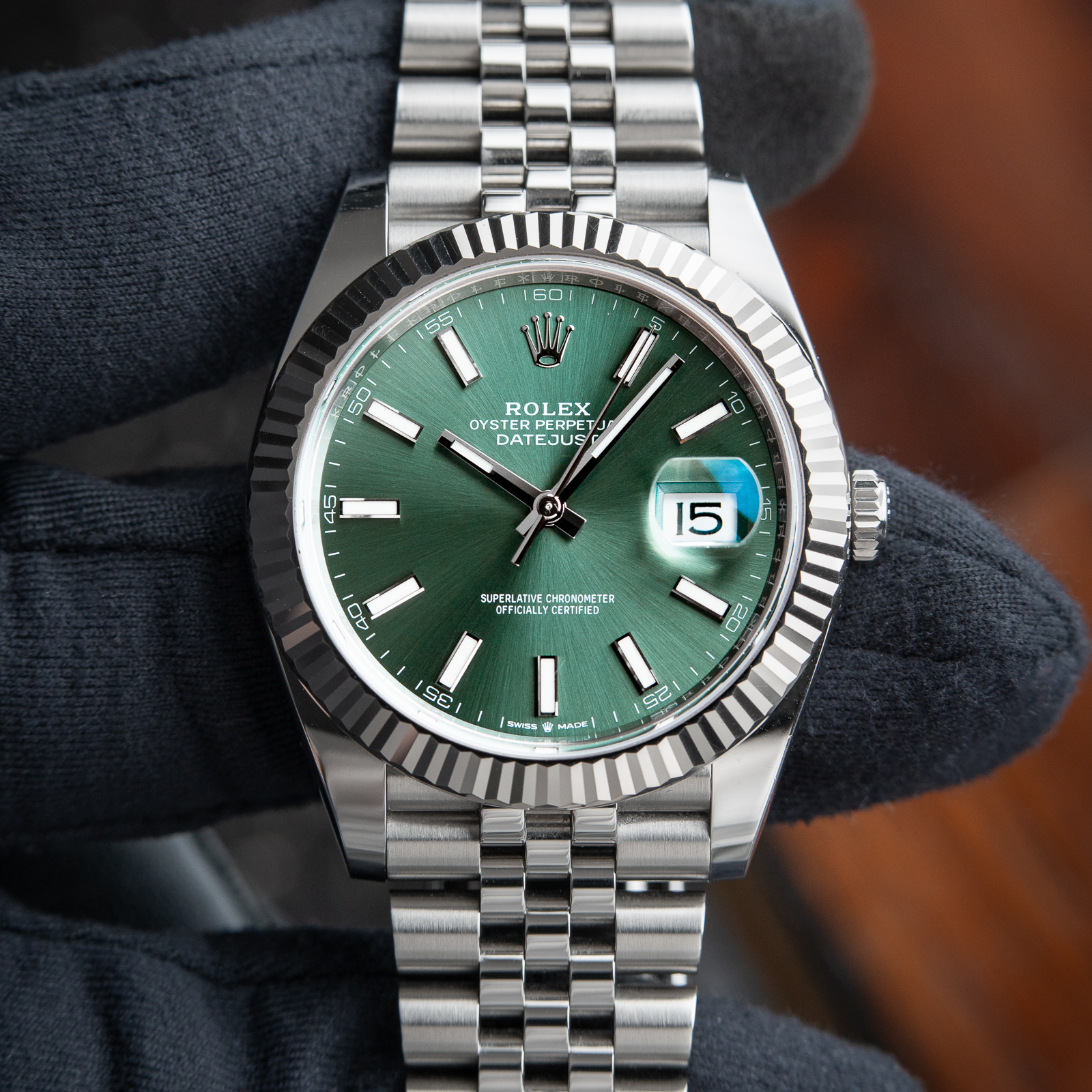 Rolex Datejust 41mm Green Dial Jubilee Bracelet White Gold Fluted 126334