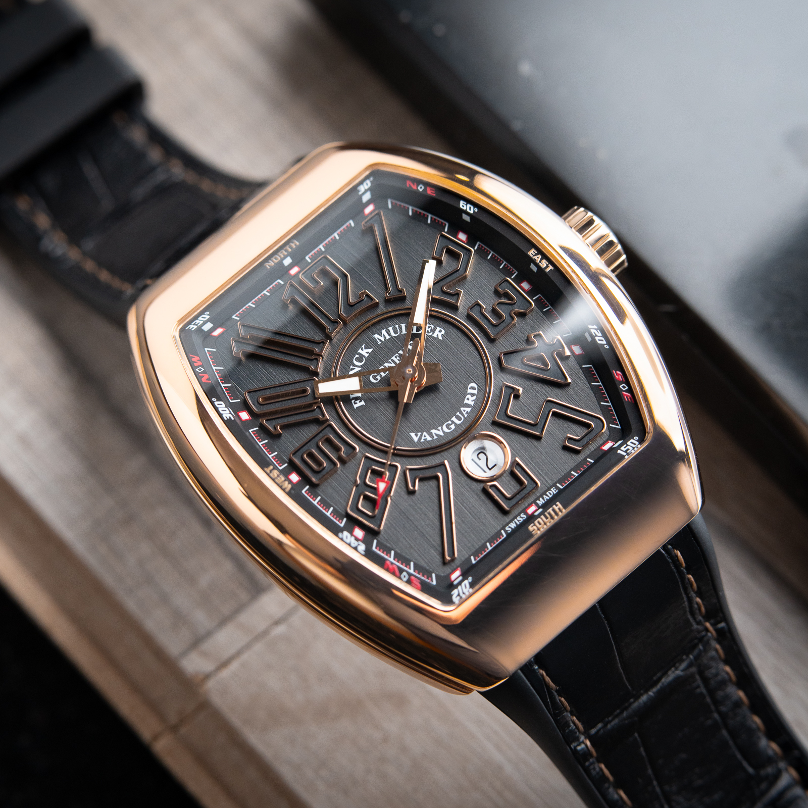 Franck Muller Vanguard Automatic Date Rose Gold Gray Dial Black Strap 44