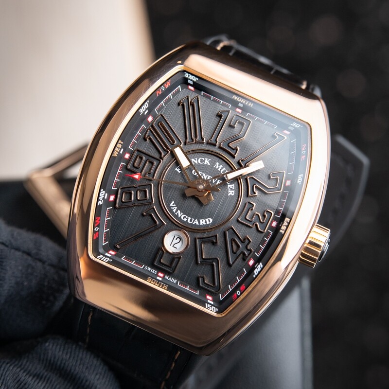 Franck Muller Vanguard Automatic Date Rose Gold Gray Dial Black Strap 44