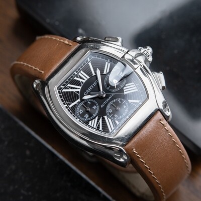 Cartier Roadster XL Chronograph Steel Black Dial Leather Strap Automatic