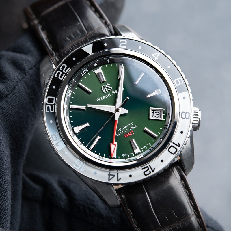 Grand Seiko Sport Collection Hi-Beat Triple Time Zone GMT Green Dial Brown Leather 44 SBGJ239G
