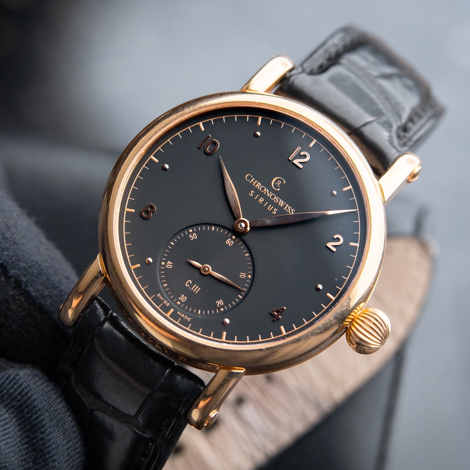 Chronoswiss Sirius Rose Gold Black Dial Manual Wind Leather CH1021R 40mm