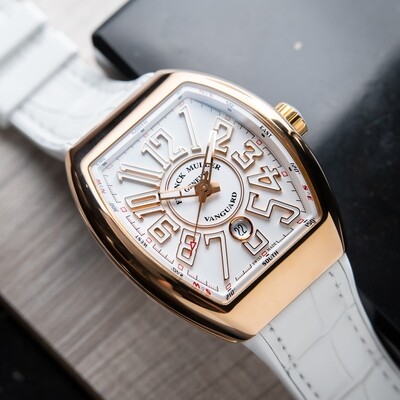 Franck Muller Vanguard Automatic Date Rose Gold White Dial Strap