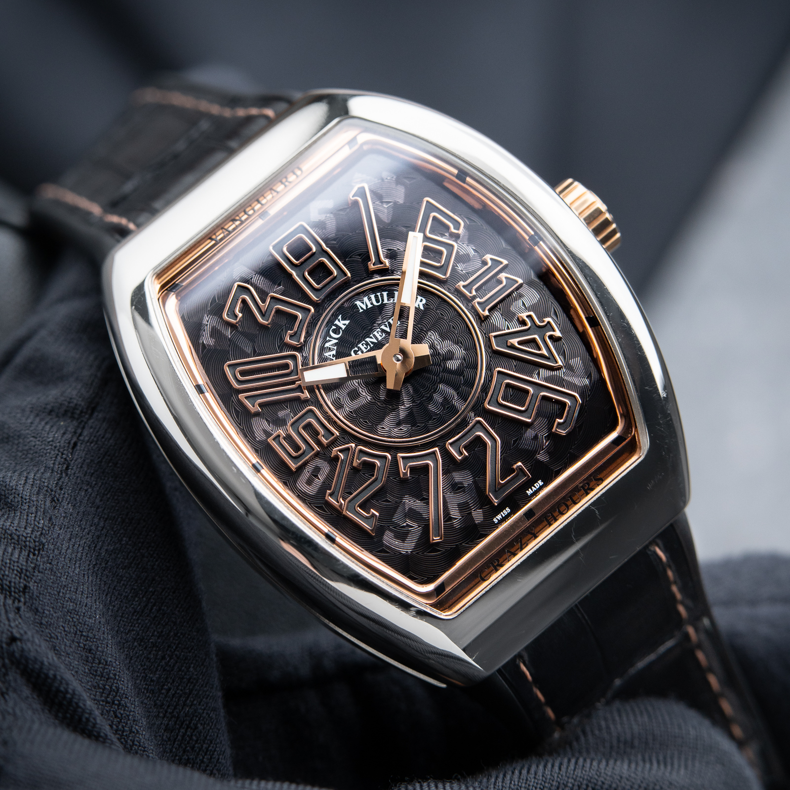 Franck Muller Vanguard Crazy Hours Two Tone Steel Rose Gold Black Dial V45