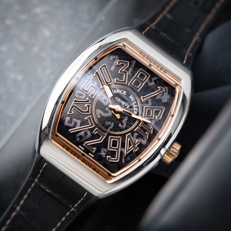 Franck Muller Vanguard Crazy Hours Two Tone Steel Rose Gold Black Dial V45