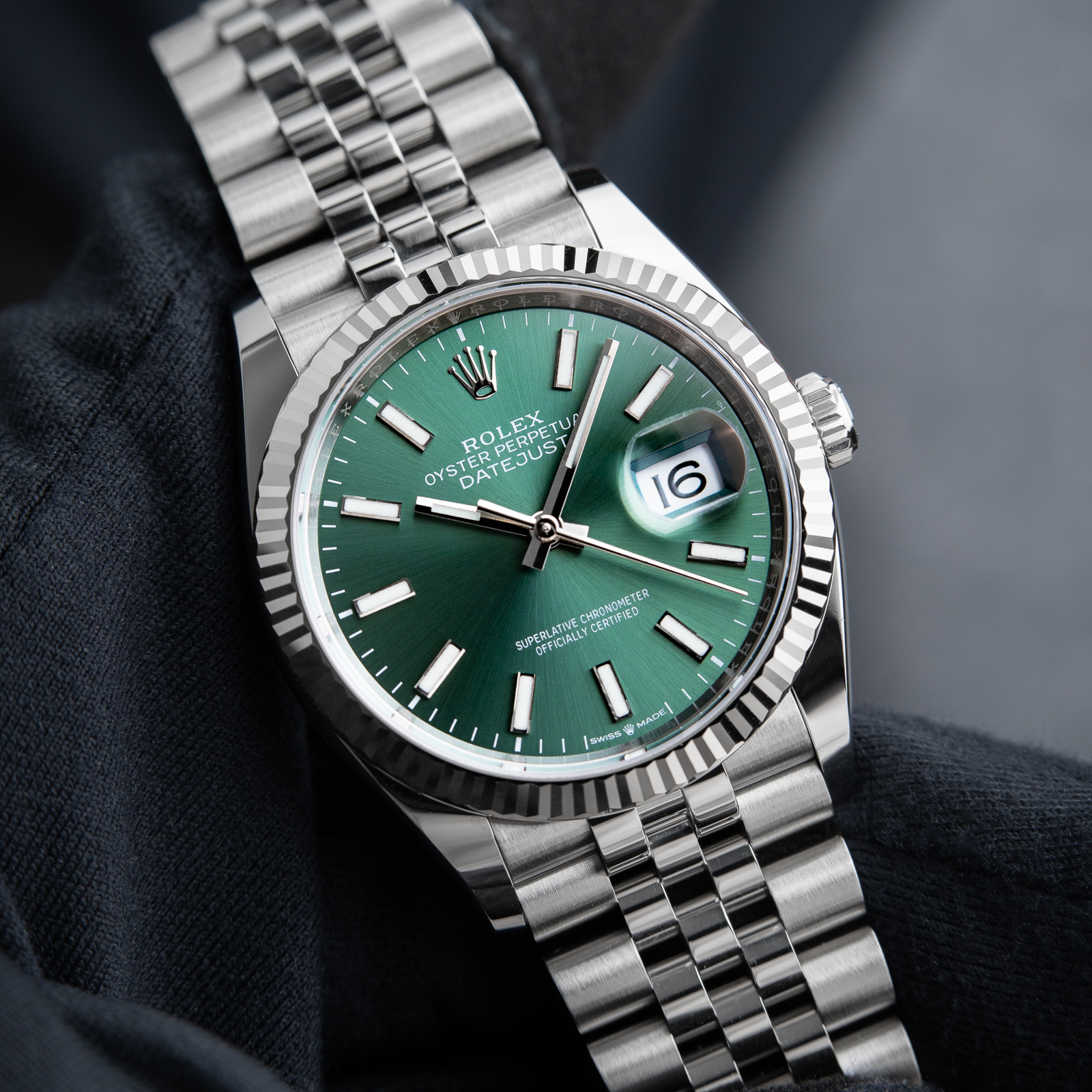 Rolex Datejust 36mm Green Dial Jubilee Bracelet White Gold Fluted 126234