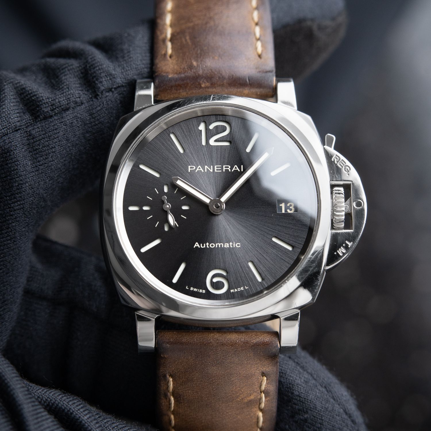 Panerai Luminor Due Gray Sunburst Dial Steel Leather Panerai Luminor Due Gray Sunburst Dial Steel Leather