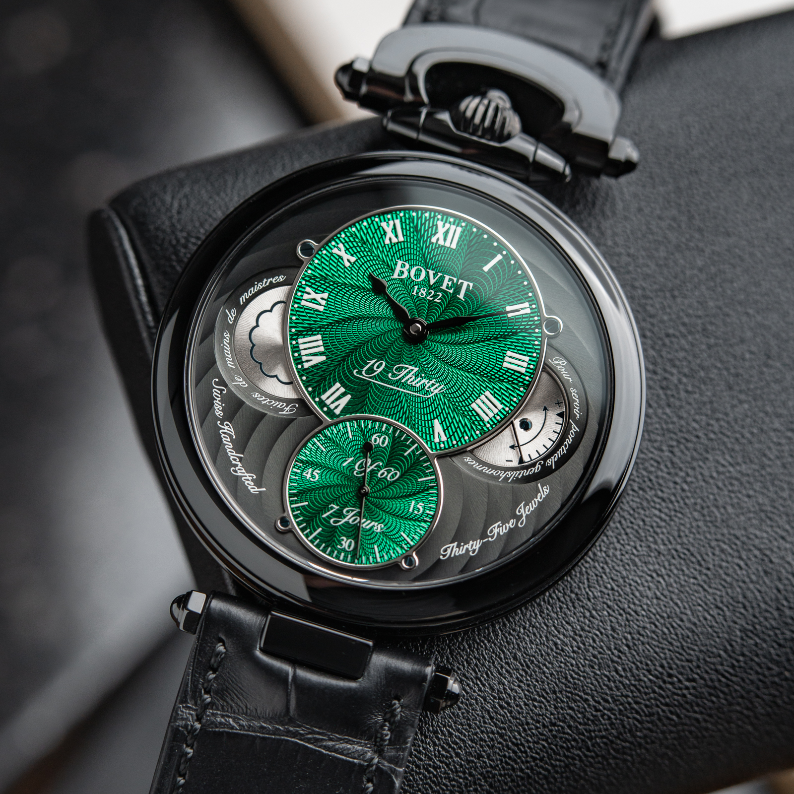 Bovet 19Thirty Fleurier RARE Great Guilloche Green Dial Black DLC Steel 42mm