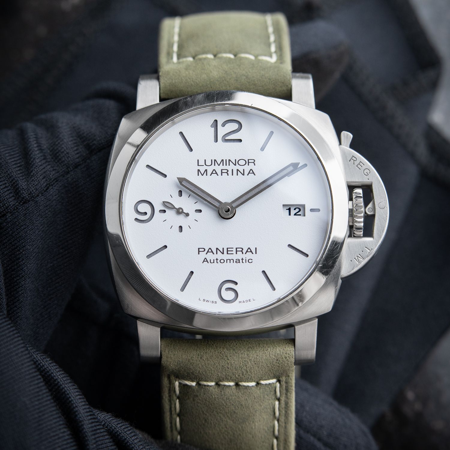 Panerai Luminor Marina White Dial Steel Green Leather 44 Automatic Pam1314