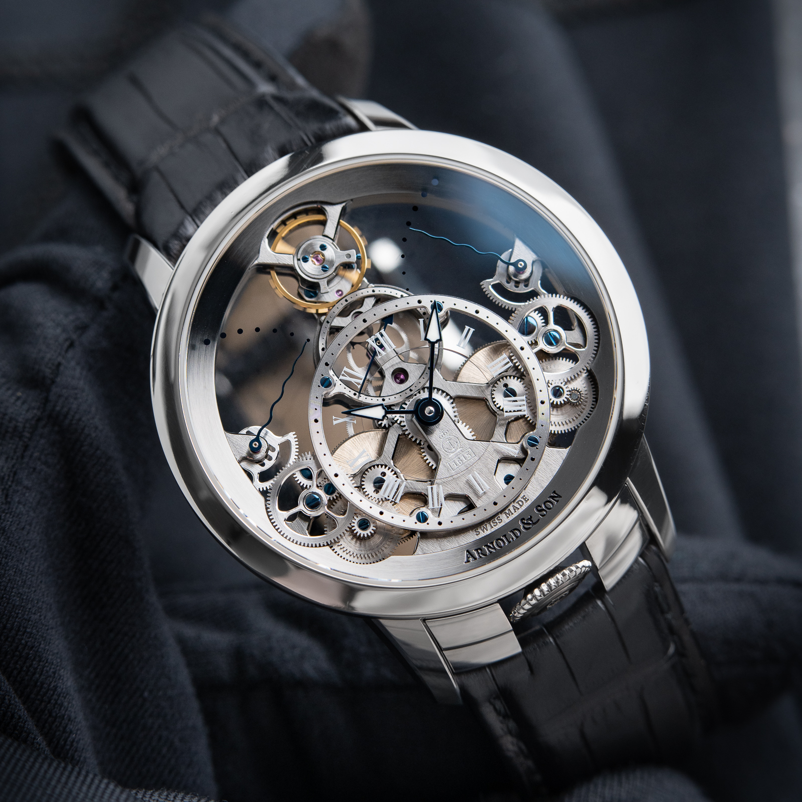 Arnold & Son Time Pyramid Skeleton Openworked 90 Hours Steel Leather Set