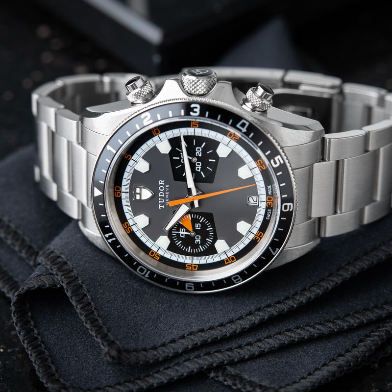 Tudor Heritage Chrono Chronograph Date Gray Dial Orange Steel Bracelet Automatic