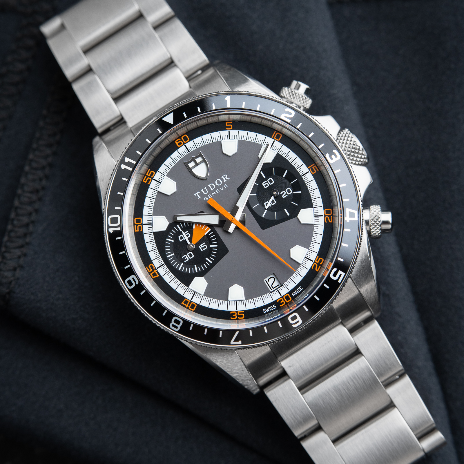 Tudor Heritage Chrono Chronograph Date Gray Dial Orange Steel Bracelet Automatic