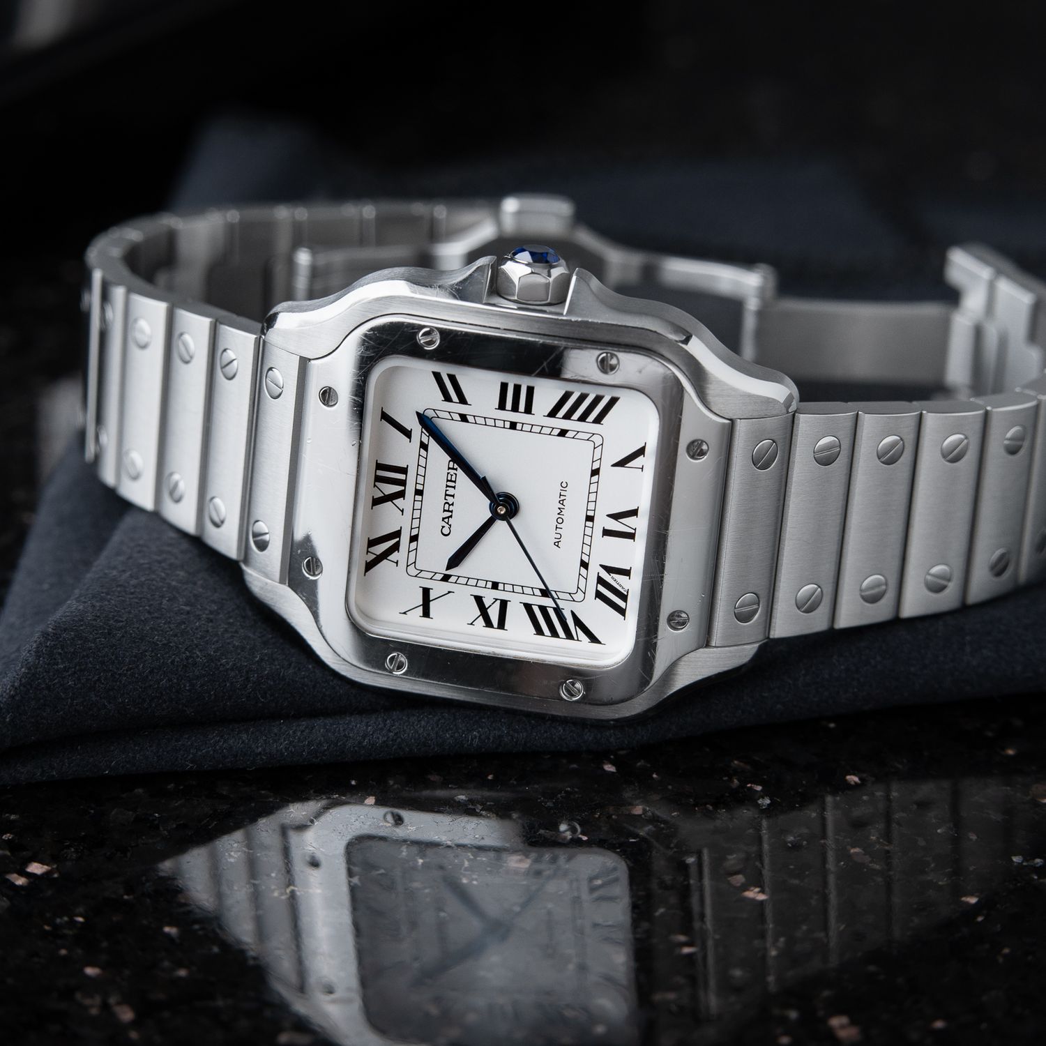 Cartier Santos De Cartier Medium Steel Bracelet Strap White Dial