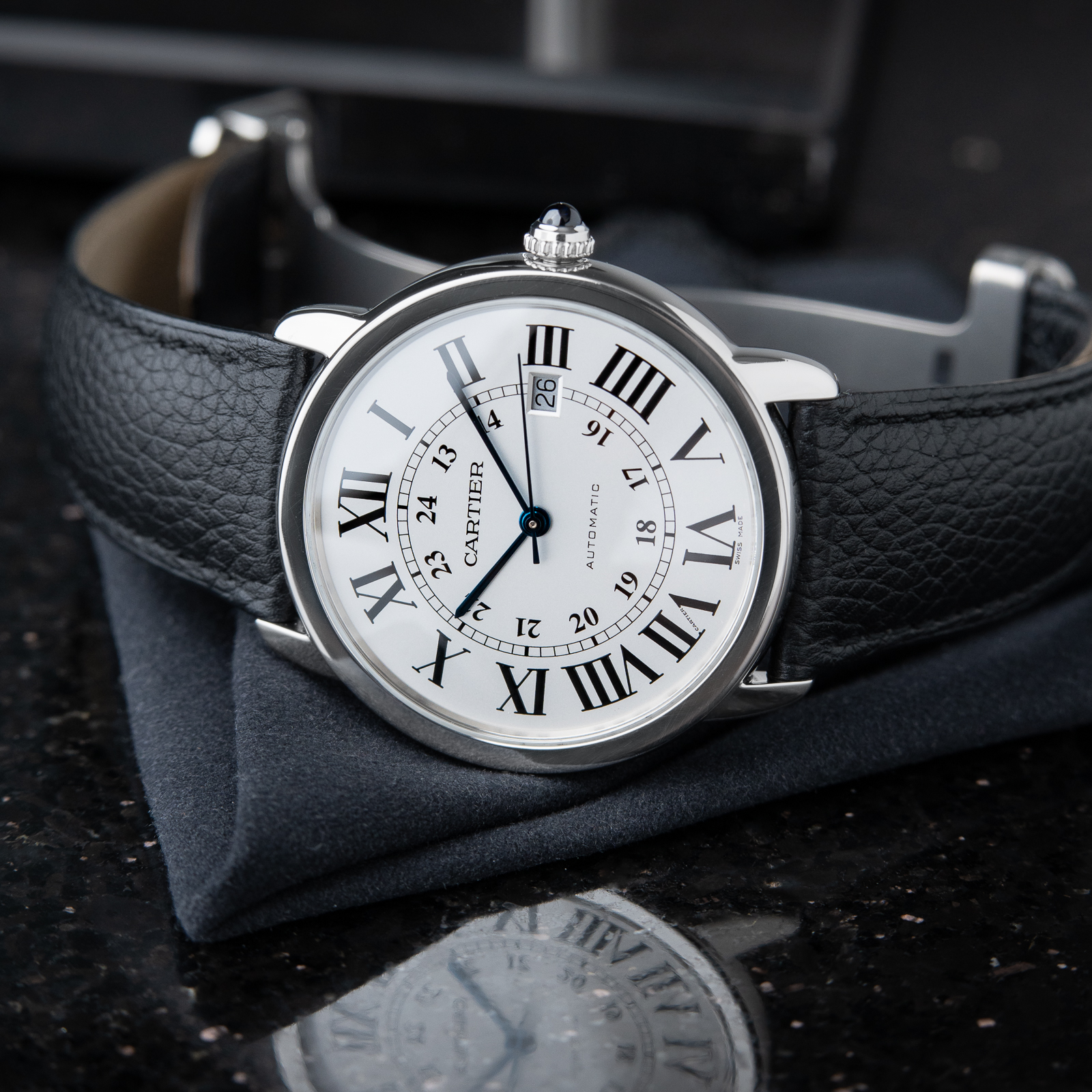 Cartier Ronde Solo de Cartier XL model 42 Silver Steel Leather Automatic 3802