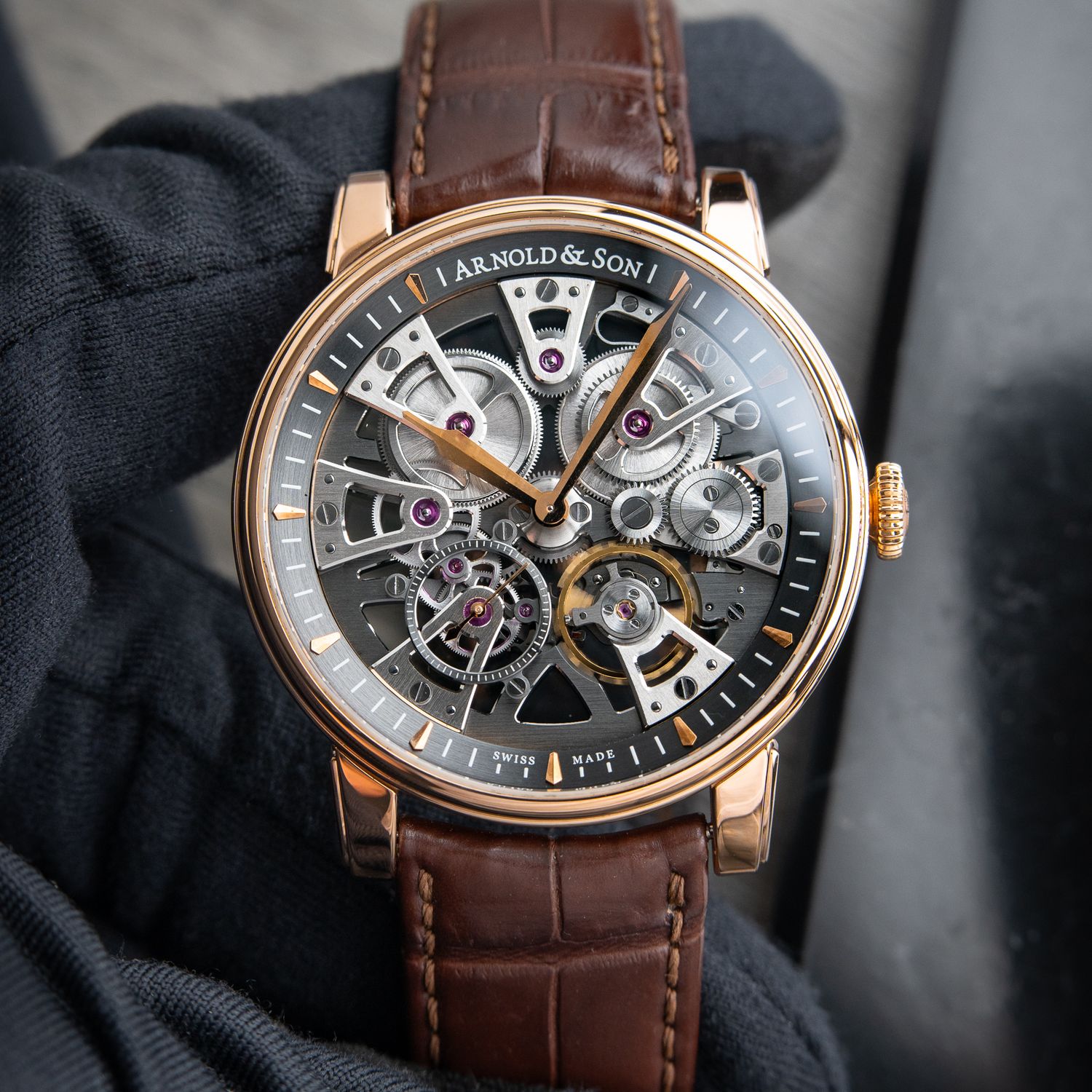 Arnold & Son Nebula Rose Gold Openworked Skeleton Leather Gray Dial 41.5mm
